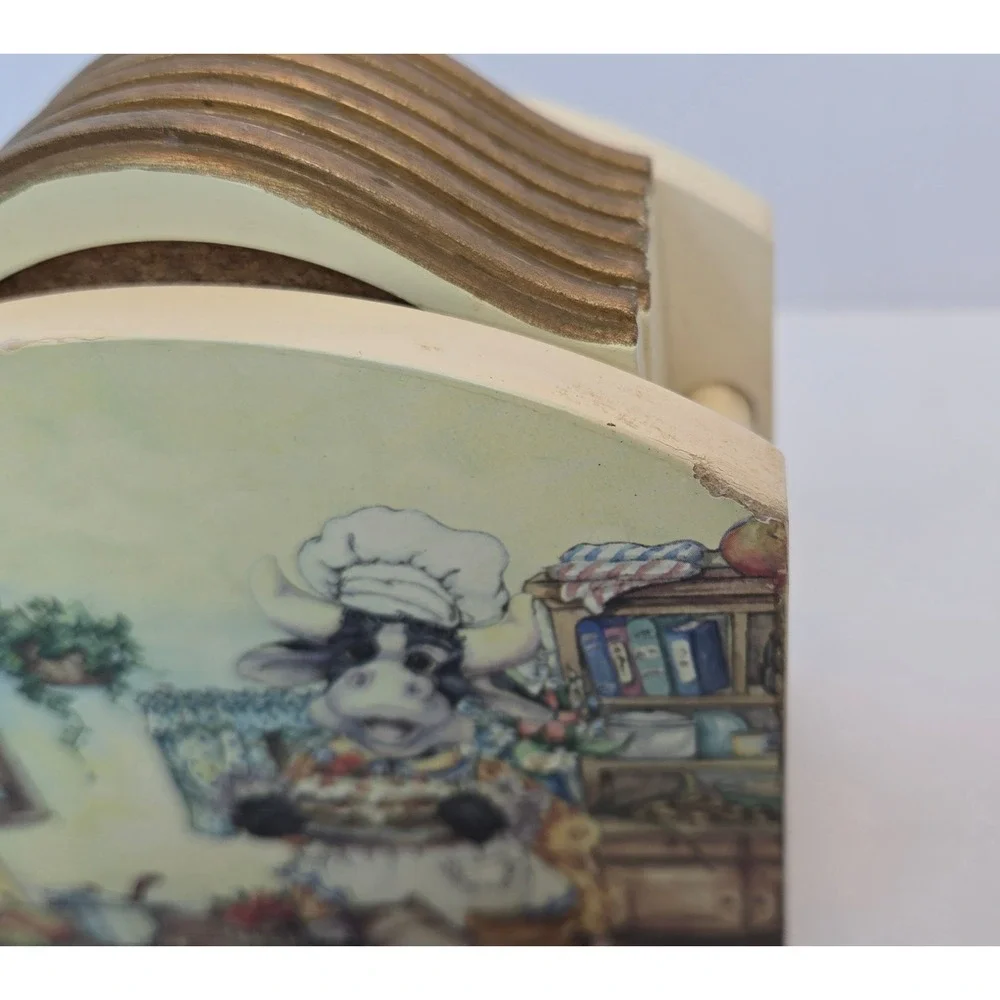 Vintage Chef Cow Wooden Coaster Set with Holder 6 Piece Cork‎ Inlay 3D Cat